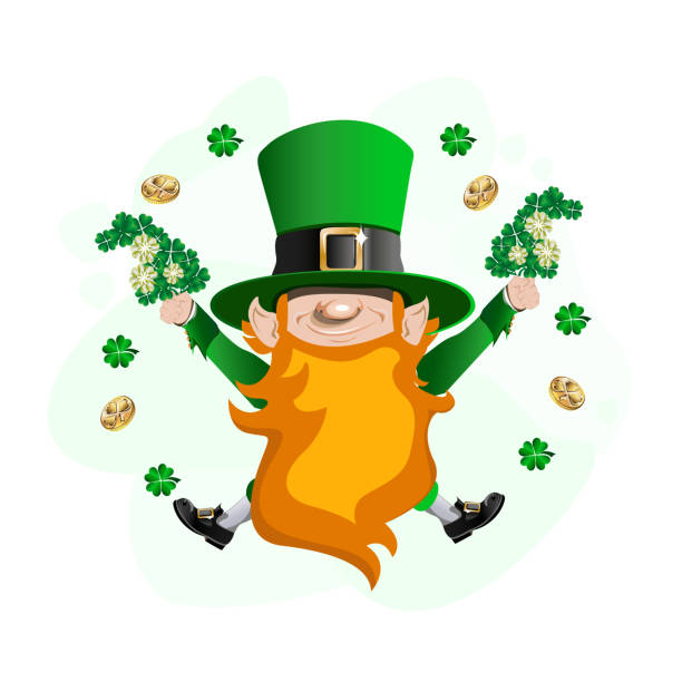 leprechaun Celebrating St. Patrick's Day. Cheerful leprechaun in a green hat. Vector character illustration in cartoon style. Template for postcard, poster or media. cute leprechaun stock illustrations