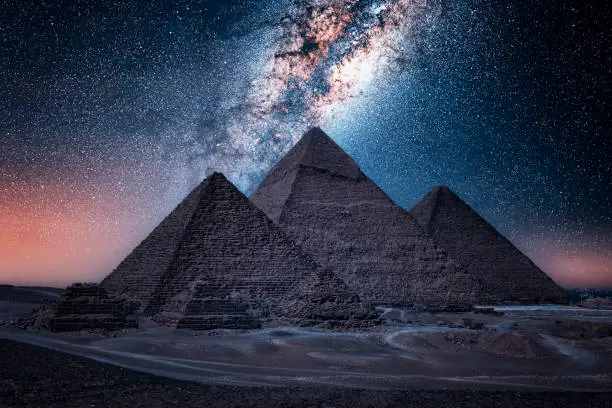 The Pyramids of Giza by night in Egypt