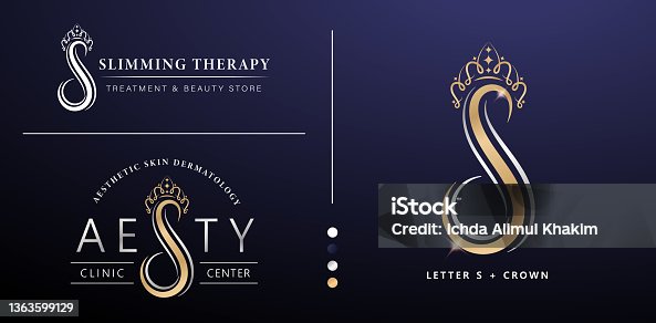 istock illustration of AESTY logotype, Letter s and crown vector isolated background applicable for Aesthetic clinic center, jewelry sign label, Slimming therapy & treatment logo concept, beauty store, hotel 1363599129