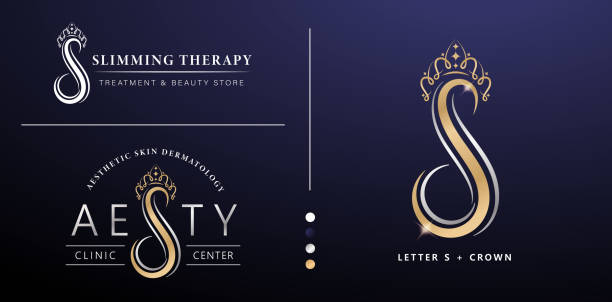 illustration of AESTY logotype, Letter s and crown vector isolated background applicable for Aesthetic clinic center, jewelry sign label, Slimming therapy & treatment logo concept, beauty store, hotel illustration of AESTY logotype, Letter s and crown vector isolated background applicable for Aesthetic clinic center, jewelry sign label, Slimming therapy & treatment logo concept, beauty store, hotel dental gold crown stock illustrations