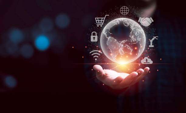 istock Man hand holding virtual world  with technology icon for metaverse. Globalisation and Digital technology transformation concept. 1363599143