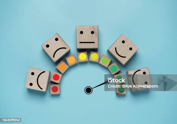 Customer Evaluation Indicator Rating Print Screen Wooden Cube Block Since Low To High On Blue Background For Client Satisfaction After Use Product And Service Concept Stock Photo - Download Image Now