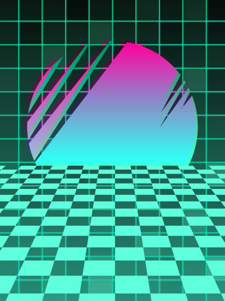 istock Bright neon retro futuristic banner illustration - Sun or moon on a tile or grid background. 1363600494