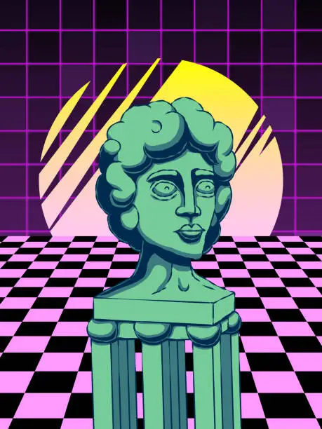 Vector illustration of Retro futuristic illustration banner in the style of vaporwave - Bust of a man on a pillar on a retro background.