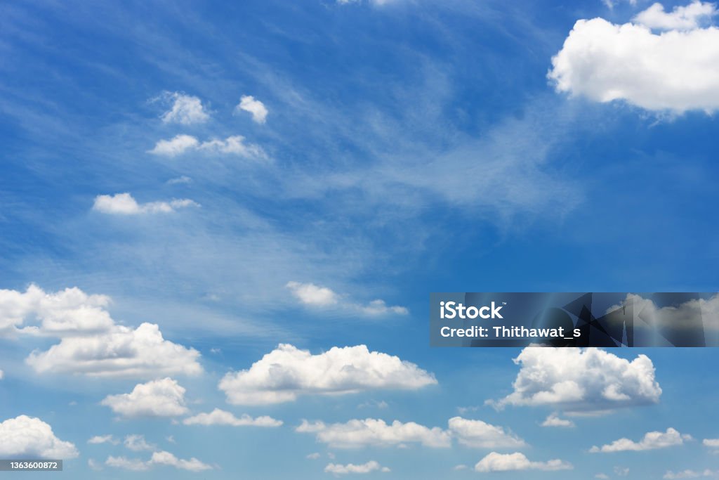beautiful blue sky and white fluffy cloud horizon outdoor for background. Sky Stock Photo