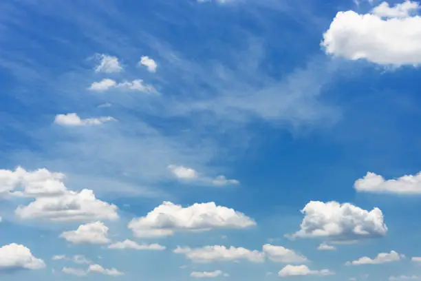 Photo of beautiful blue sky and white fluffy cloud horizon outdoor for background.