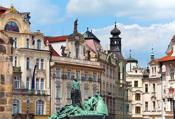 Jan Hus Memorial on Old Town Square , Stare Mesto  view, Prague, Czech Republic. Erected on July 6, 1915