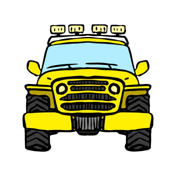 Vector illustration of Old yellow cartoon suv icon. Front view. Colored outline silhouette. Hand drawn vector graphic illustration. Isolated object on a white background. Isolate.