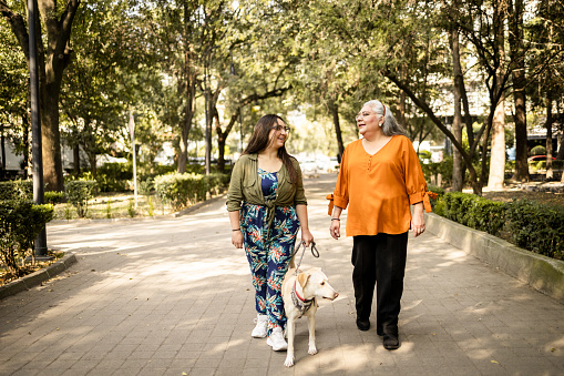 Mother and daughter walking in the park with their dog. They are enjoying the sunny weekend