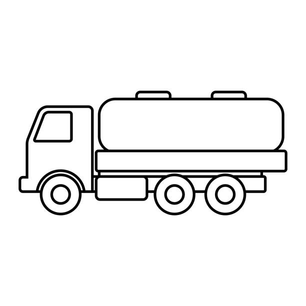 Fuel truck icon. Tanker. Side view. Black contour silhouette. Vector flat graphic illustration. Isolated object on a white background. Isolate. Fuel truck icon. Tanker. Side view. Black contour silhouette. Vector flat graphic illustration. Isolated object on a white background. Isolate. tanker stock illustrations