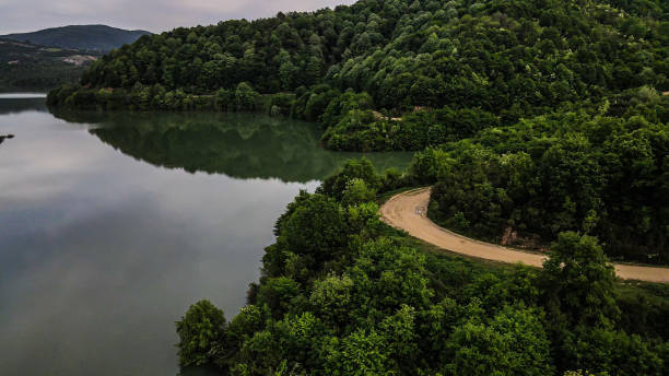 vista aerea viaggio su strada attraverso un bosco, strada sterrata tra foreste in riva al lago, vista natura di sfondo, vista su strada aerea, vista aerea su lago e strada, percorso a piedi sul lago, percorso di trekking sul lago, fotografia di sfondi - yalova foto e immagini stock