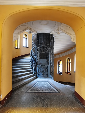 An old elevator at the entrance of a residential building in St. Petersburg