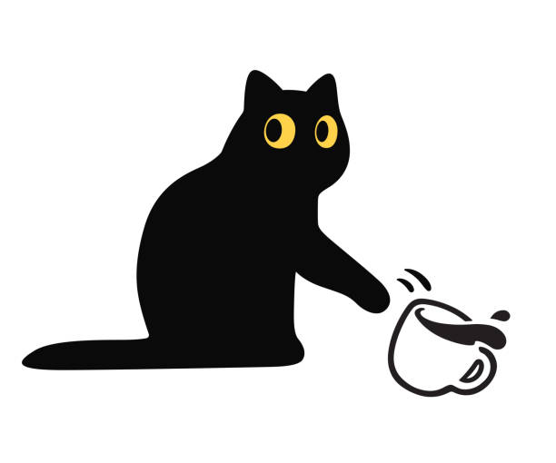 Cat knocking cup off table Cartoon black cat knocking coffee cup off table. Funny cat breaking things, cute vector illustration. cats stock illustrations