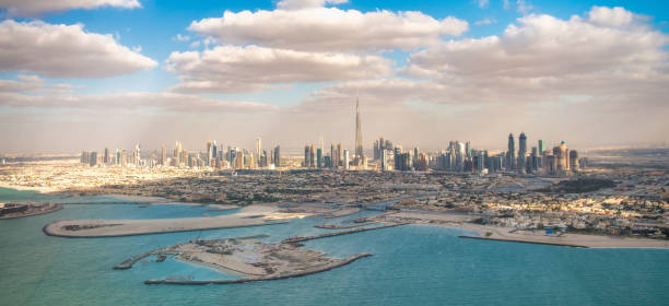 Downtown Dubai aerial panoramic view from helicopter, UAE. Downtown Dubai aerial panoramic view from helicopter, UAE arabian sea photos stock pictures, royalty-free photos & images