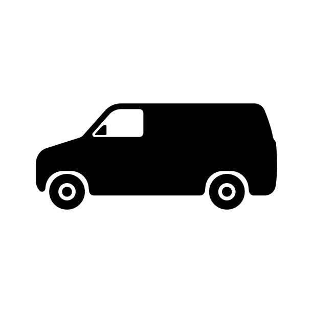 Van icon. Delivery small truck. Black silhouette. Side view. Vector simple flat graphic illustration. The isolated object on a white background. Isolate. Van icon. Delivery small truck. Black silhouette. Side view. Vector simple flat graphic illustration. The isolated object on a white background. Isolate. truck trucking car van stock illustrations