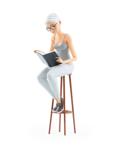 3d senior woman reading book on stool, illustration isolated on white background