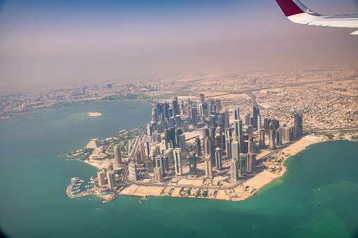 Aerial view of Doha West Bay and Corniche from airplane, Qatar