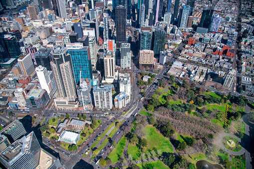 Aerial view of city central business district from helicopter, Melbourne