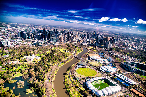 Aerial city skyline from helicopter. Downtown and Yarra river, Melbourne