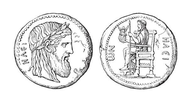 Ancient Greek coin of Elis illustrating the Olympian Zeus - vintage engraved illustration illustration from Meyers Konversations-Lexikon 1897 ancient coins of greece stock illustrations