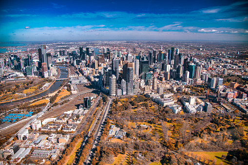 Aerial city skyline from helicopter. Downtown and Yarra river, Melbourne