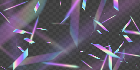 Holographic flying confetti overlay. Rainbow bokeh with light glitch effect on transparent background. Trend vector mesh foil design.