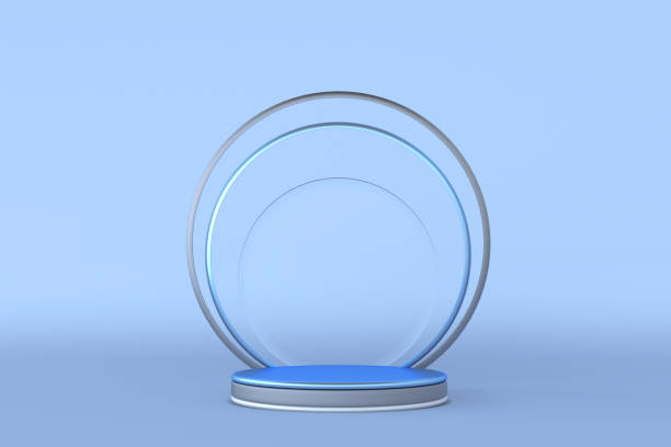 istock 3d render of blue geometric minimal studio pedestal isolated on pastel background, round frame 1363609283