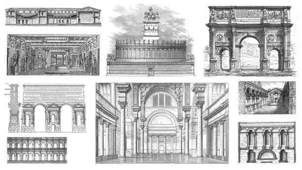 illustrazioni stock, clip art, cartoni animati e icone di tendenza di architettura romana - illustrazione incisa vintage - ancient column past arch