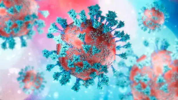 Virus variant, coronavirus, spike protein. Deltacron. Covid-19 seen under the microscope. SARS-CoV-2, 3d rendering