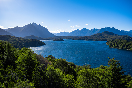 View from above of Lake Nahuel Huapi, Bariloche, Argentina. Beautiful landscape of mountains lake of transparent water