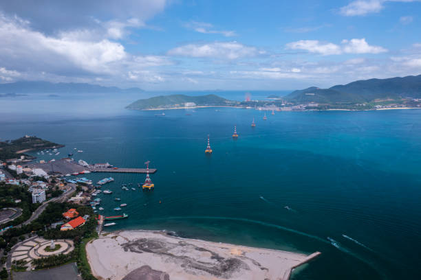 Drone view of cable car lead to Vinpearl island on Nha Trang beach, Nha Trang city, Khanh Hoa province, central Vietnam