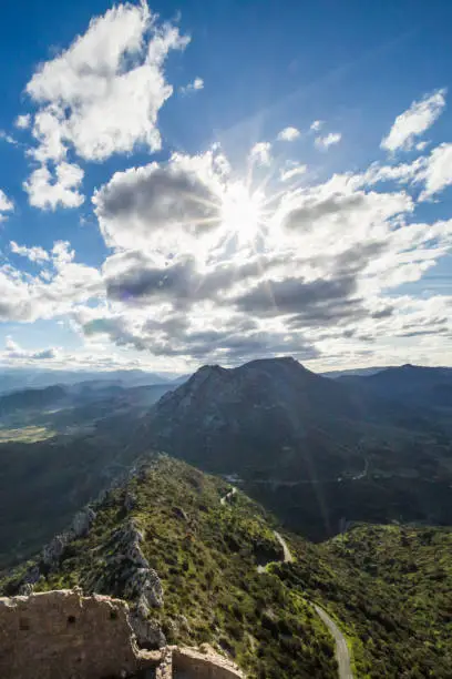 Photo of View of Aude Valley and Landscape from Queribus Cathar Castle Tower on a Sunny Day in France