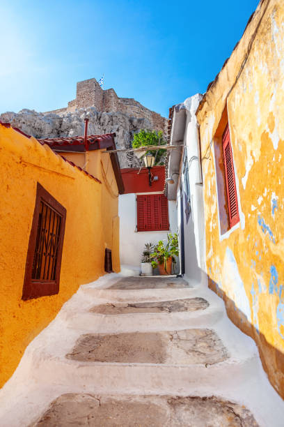 Street view of Anafiotika The narrow streets of Anafiotika, a village in Athens plaka athens stock pictures, royalty-free photos & images