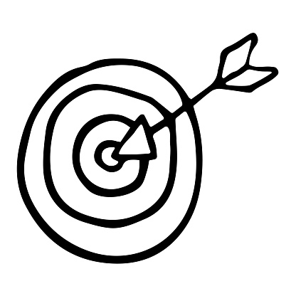 Target and arrow vector doodle icon. Symbol of success or ad settings. Black illustration isolated on white background