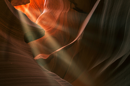 Landscape of Lower Antelope Slot Canyon with sunbeams, Arizona, USA