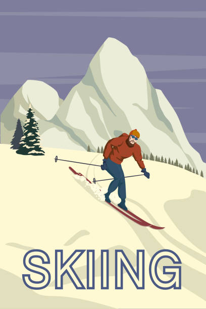 mountain skier vintage wintersportort alpen, schweiz. schneelandschaft gipfel, pisten, mit hölzernen altmodischen skiern und stöcken. reise-retro-poster - ski alpine skiing skiing snow stock-grafiken, -clipart, -cartoons und -symbole