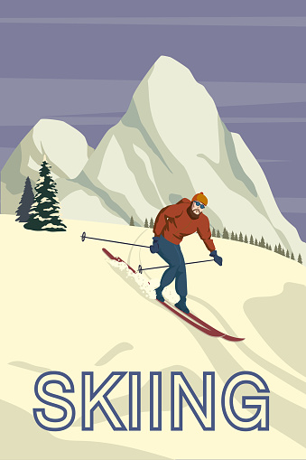 Mountain skier vintage winter resort village Alps, Switzerland. Snow landscape peaks, slopes, with wooden old fashioned skis and poles. Travel retro poster