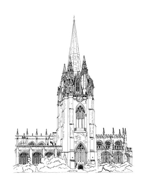 Oxford university buildings. University Church of St Mary the Virgin, sketch. UK Oxford university buildings. University Church of St Mary the Virgin, sketch. UK queens college stock illustrations