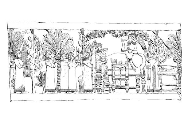 Sketch of reliefs form the king Ashurbanipal palace. King resting at garden and meet visitors Sketch of reliefs form the king Ashurbanipal palace. King resting at garden and meet visitors persian empire stock illustrations