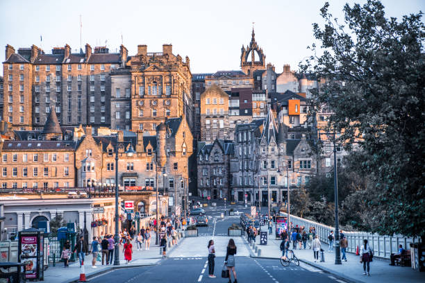 Edinburgh city centre view from the Princess street at sunset. UK, Scotland stock photo