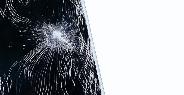 istock Broken mobile phone screen isolated on white background. Smartphone display damage mockup. Cellphone crash, glass hit. Device destroy problem. Smashed gadget 1363622510