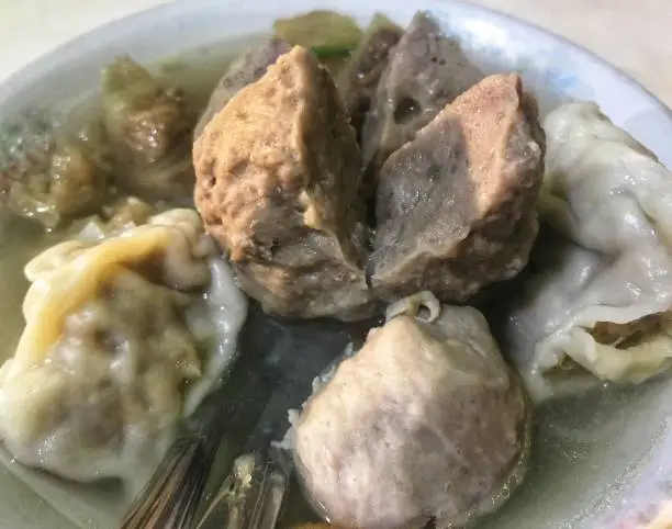 Bakso or meatball soup, the traditional food from Indonesia. There are big meatball, small meatball, siomay, tofu, kikil, white noodle and tasty meat broth.