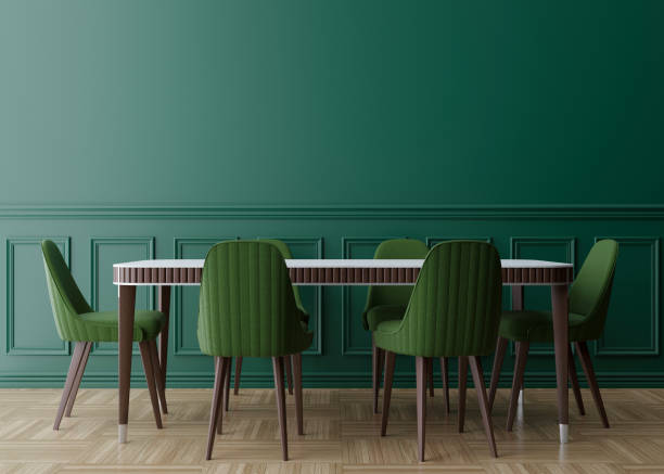 istock Empty green wall in modern dining room. Mock up interior in classic style. Free space, copy space for your picture, text, or another design. Dinig table with green chairs, parquet floor. 3D rendering. 1363624123