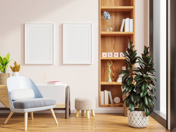 istock Two poster mockup with vertical frames on empty white wall in living room interior and armchair. 1363626012
