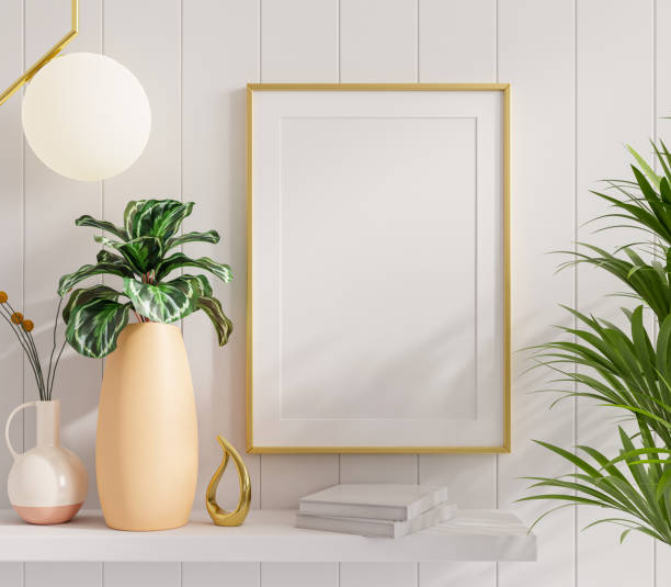 istock Poster mockup with vertical gold frame in home interior background. 1363626017