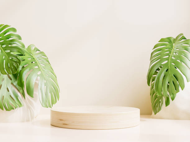 istock Product display podium decorated on cream background. 1363626058