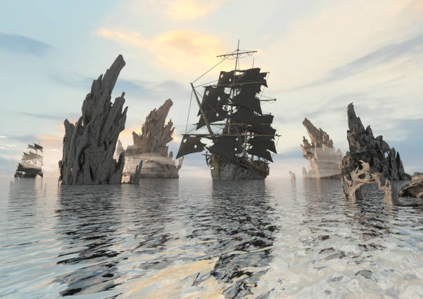 old scary pirate ship at the sea render 3d illustration