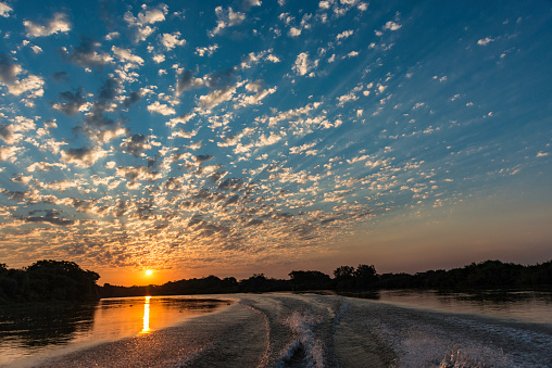 Sunset over the Cuiaba River in the Pantanal of Brazil.