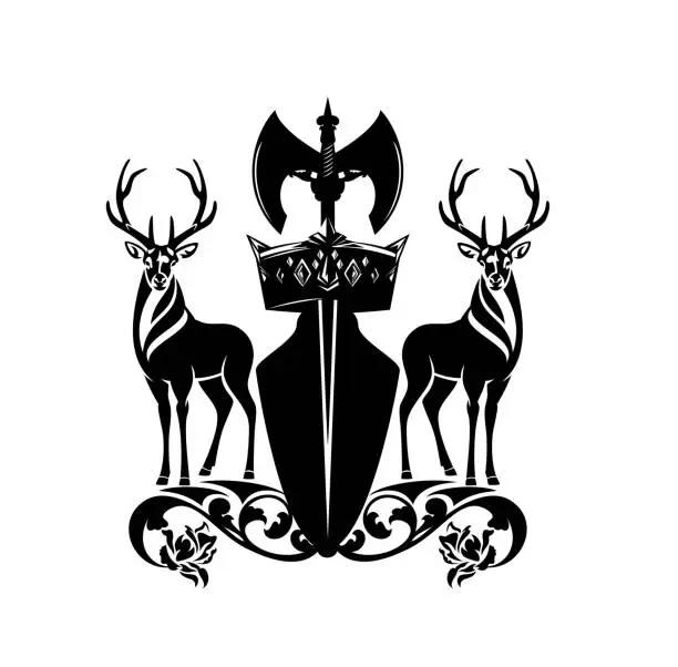 Vector illustration of deer stag with viking battle axe, rose flowers and royal crown black and white vector heraldic design