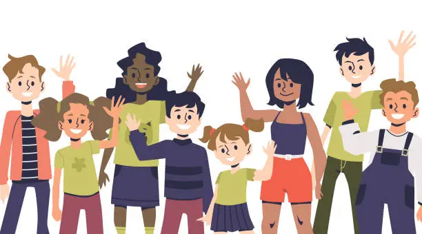 Vector illustration of Diverse kids wave hello or bye. Happy children or school students waving hand, cartoon clipart. Childcare group of kids.